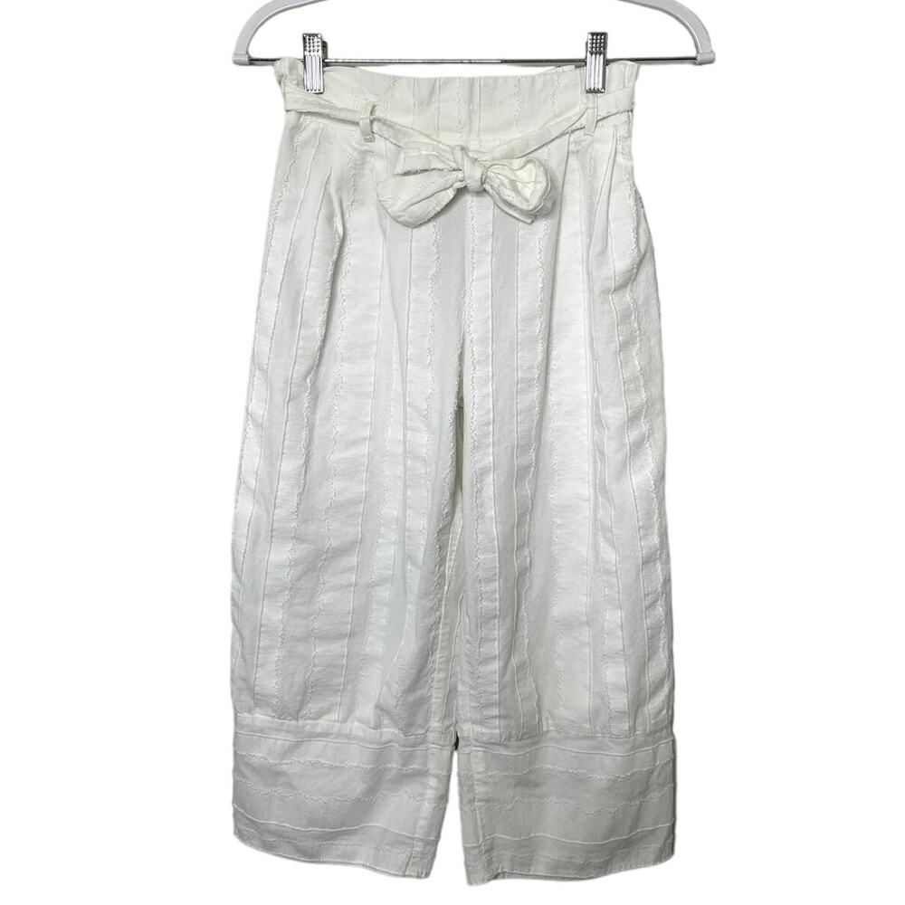 Women Urban Romantics Capris Pants‎ Paperbag Tie Waist White Textured Wide Leg S